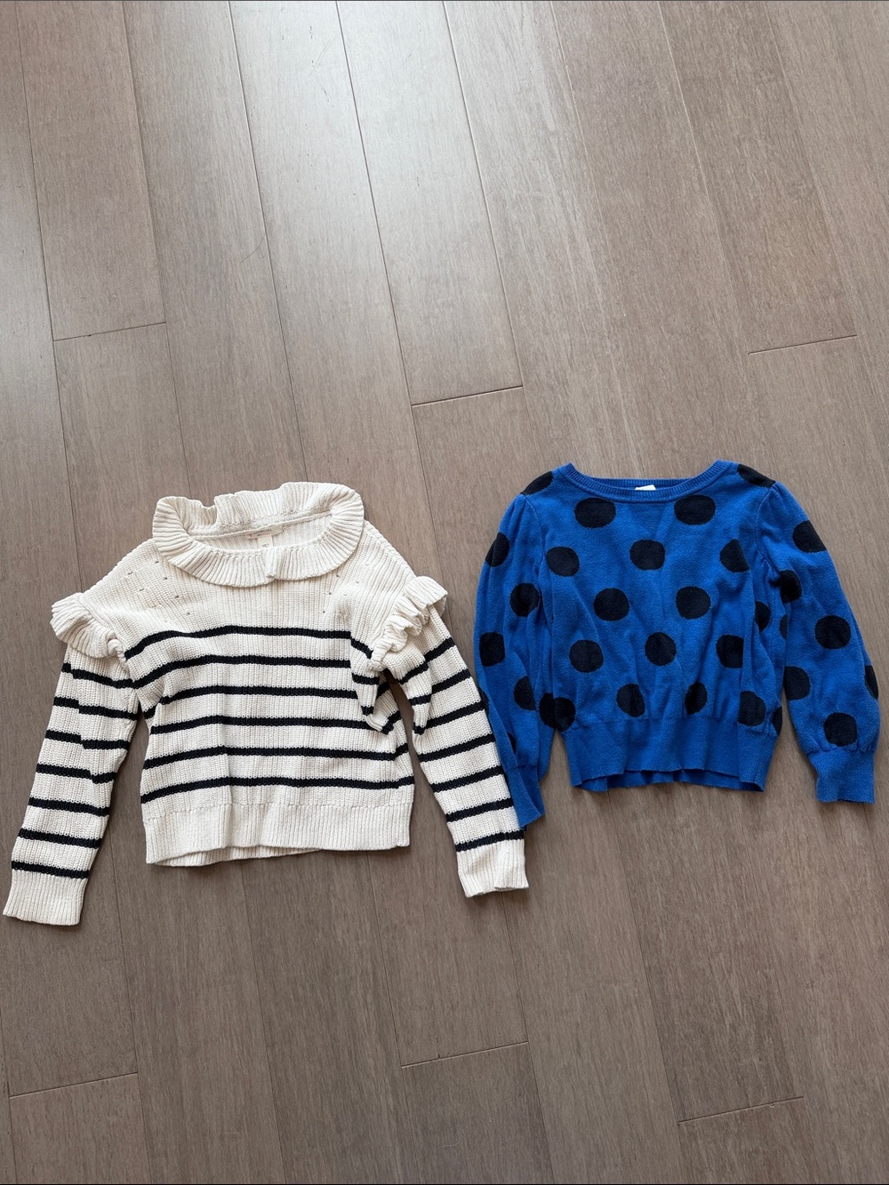 Cream & Navy Crewcuts Striped Ruffle Collar Sweater and Blue Gap Dot Sweater 5Y